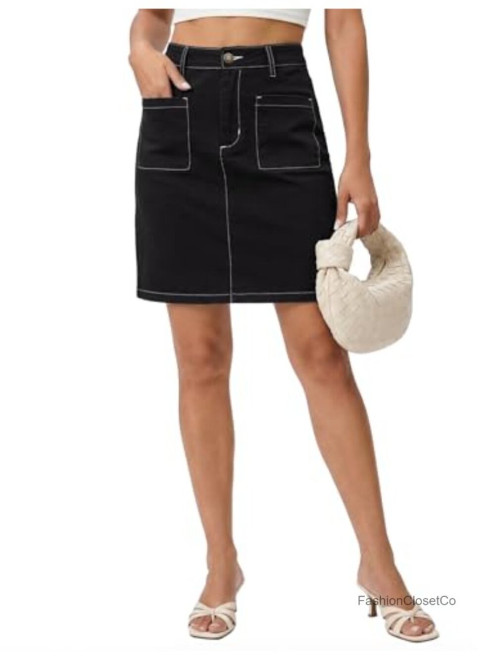 High Waisted Stretchy A-Line Denim Jean Skirt Patch Pockets Contrast Stitch